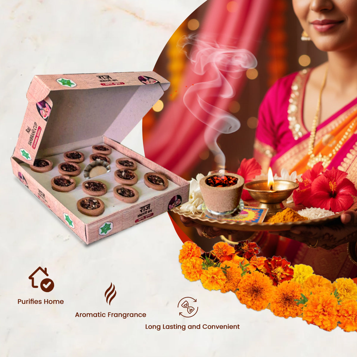 RAJ Sambarani Cup Guggul with Astagandha - 3 Packs with 12 Cups in each